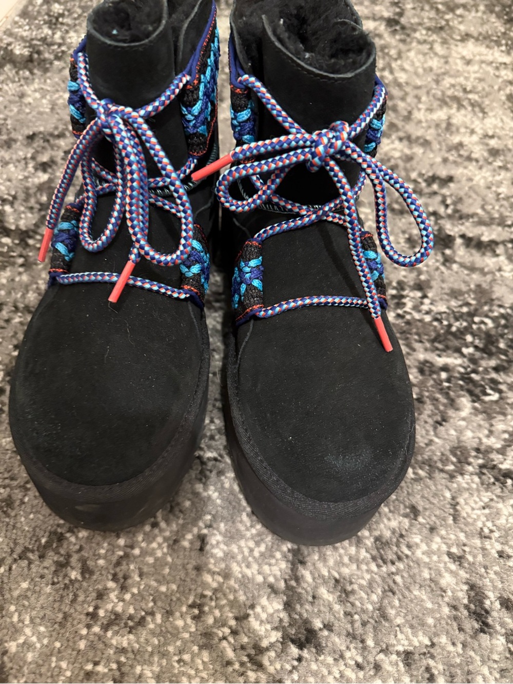 UGG Black Suede Platform Ankle Boots with Blue Braided Trim - Picture 2 of 2